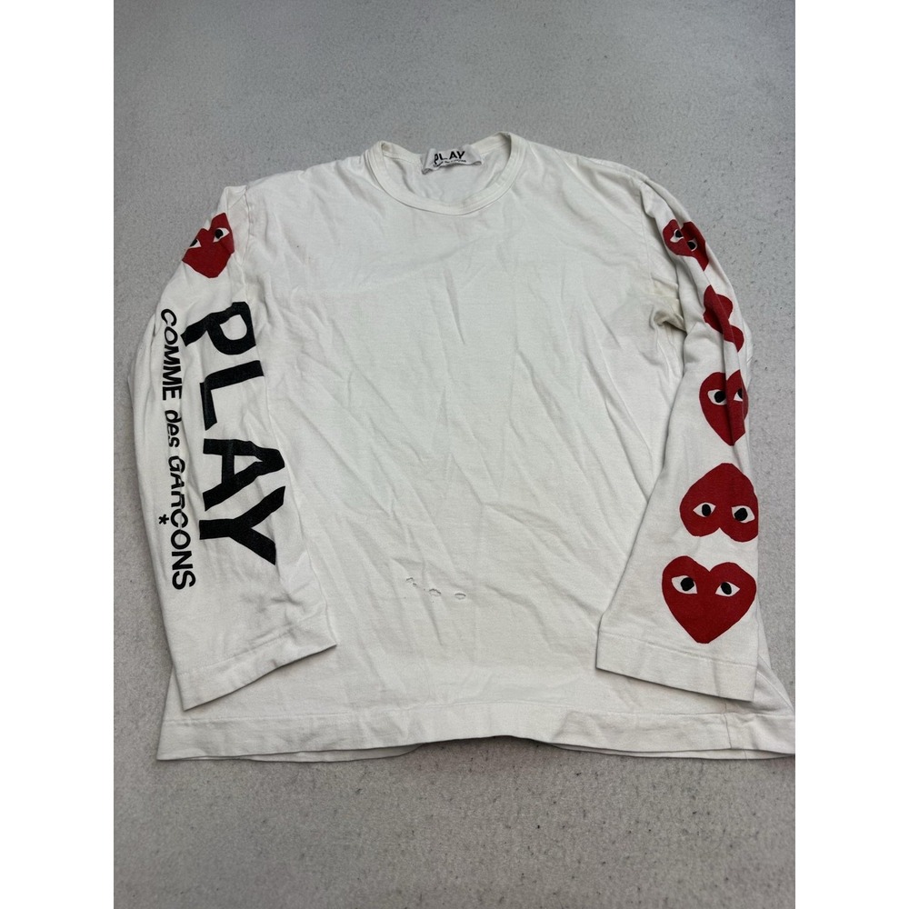 Comme Des Garcons Play Shirt Mens XL White Long Sleeve Heart Logo Graphic Tee